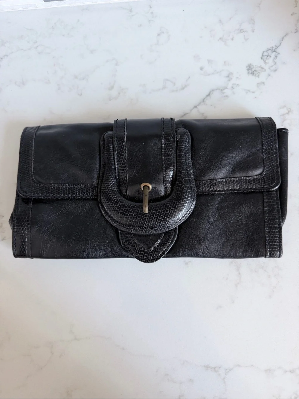 Vintage Y2K Black Women's Leather Clutch with Buckle Detail